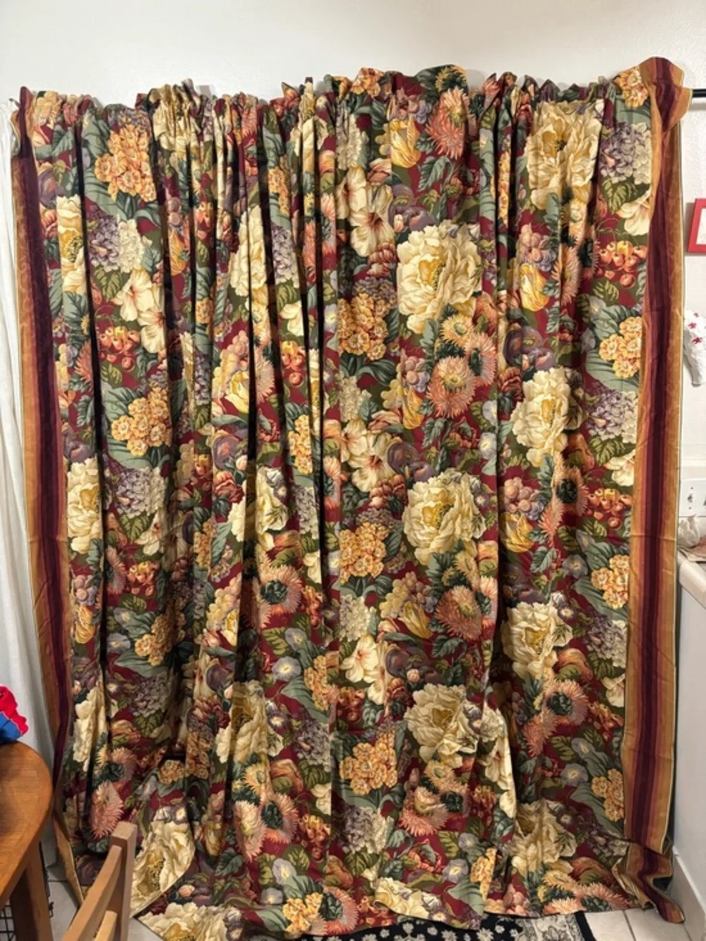 Vintage Floral Botanical Curtain Panels Drapes with striped edges